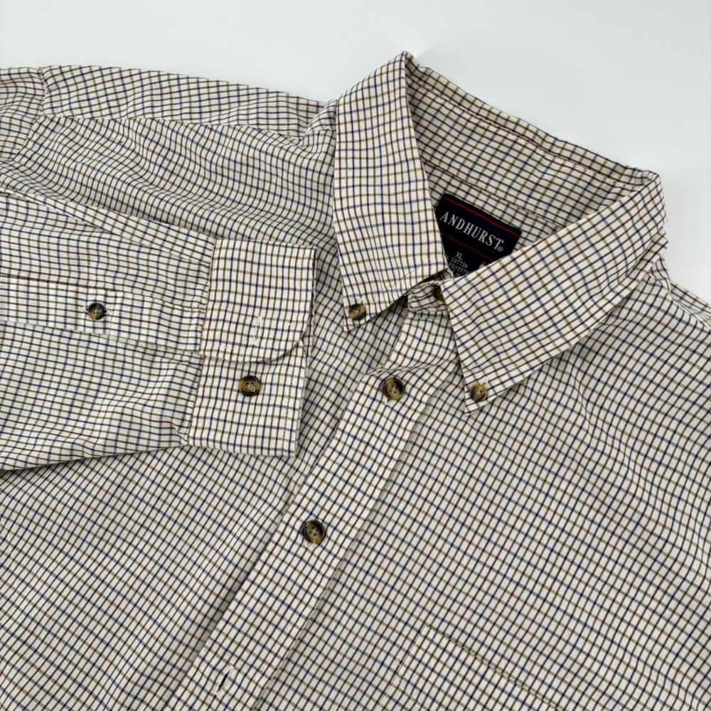 Andhurst Mens XL Long Sleeve Button Down Shirt Tattersall Check Navy Brown Tan